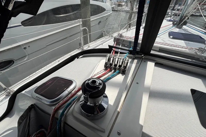  Yacht Photos Pics Cockpit of 2006 Catalina 42 MkII sailboat with winch and control lines.