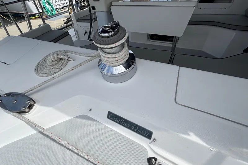  Yacht Photos Pics Deck of 2006 Catalina 42 MkII sailboat with winch and coiled rope.