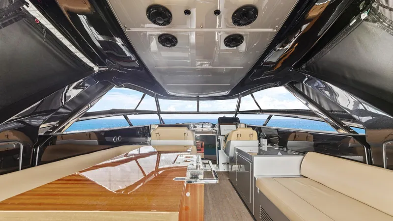 Wegu The Great Yacht Photos Pics 2023 Riva Dolceriva yacht interior with luxurious seating and ocean view.