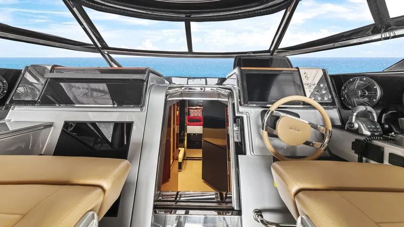 Wegu The Great Yacht Photos Pics 2023 Riva Dolceriva yacht cockpit with luxurious interior and ocean view.