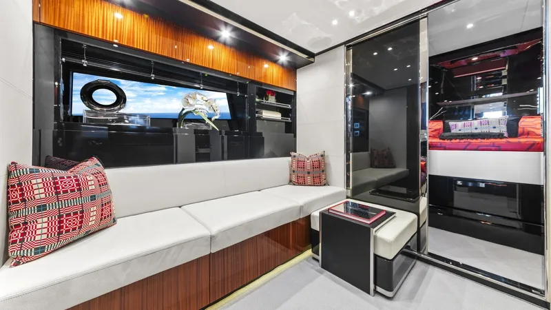 Wegu The Great Yacht Photos Pics Luxurious interior of 2023 Riva Dolceriva yacht with modern seating and elegant decor.