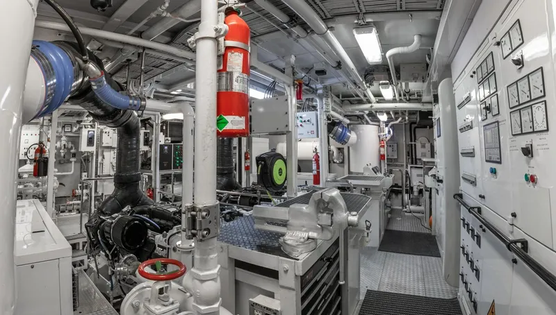 Never Enough Yacht Photos Pics Engine room of a 1992 Feadship 140 Tri-Deck yacht with machinery and control panels.