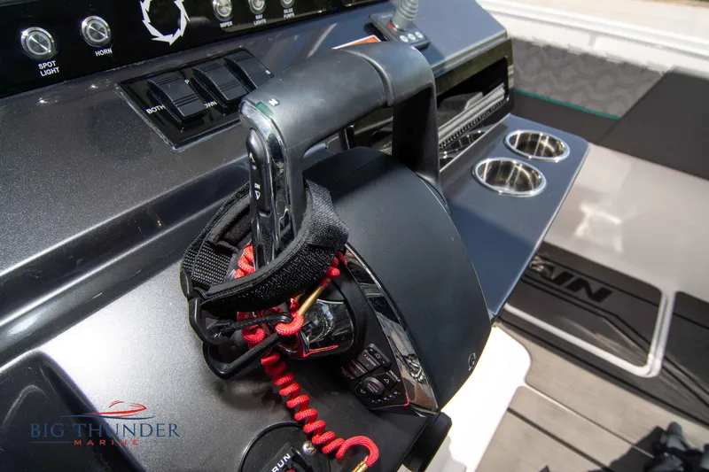  Yacht Photos Pics Control console of a 2022 Fountain 32 NX boat.