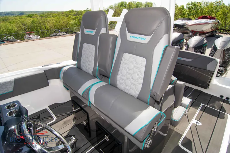  Yacht Photos Pics Interior of 2022 Fountain 32 NX with gray seating.