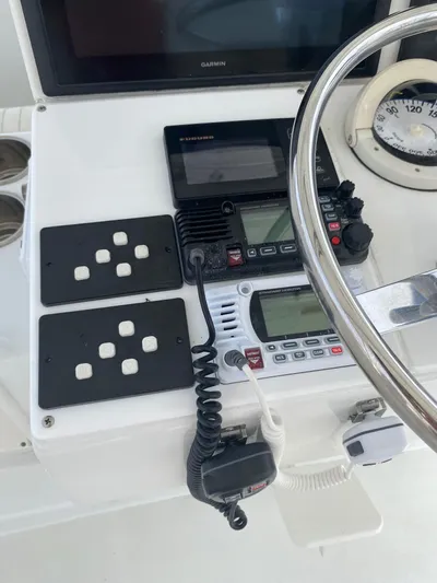 Wined Up Yacht Photos Pics Control panel of a 1973 Hatteras 53 yacht with navigation equipment.