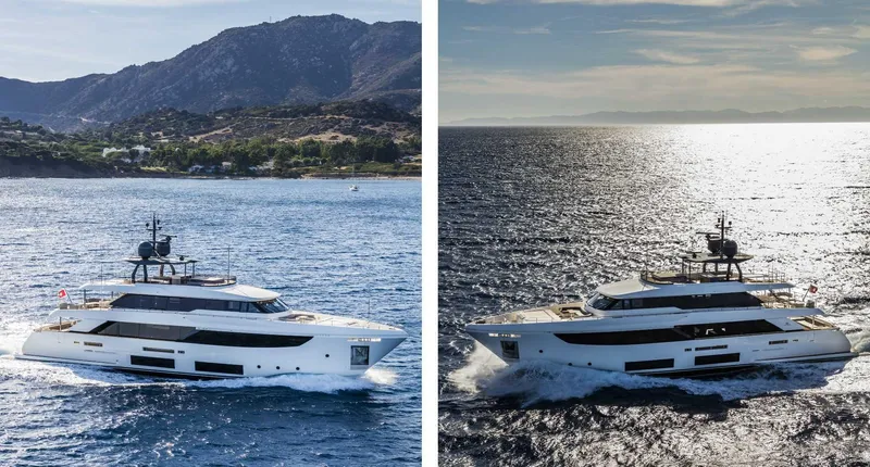  Yacht Photos Pics Luxurious Custom Line Navetta 33 yacht cruising in scenic waters, 2025 model.