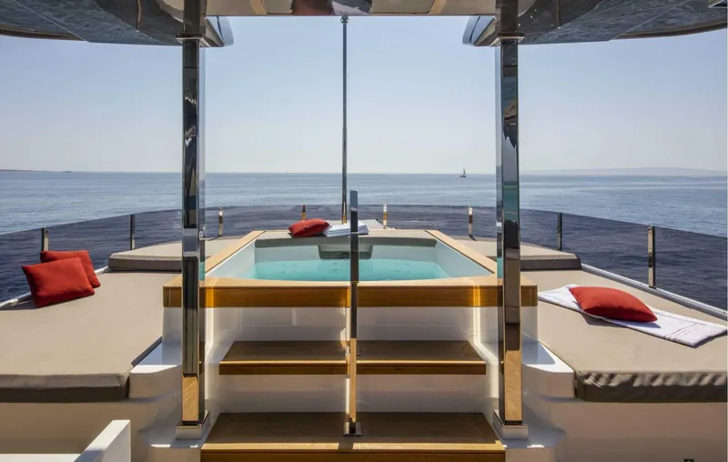  Yacht Photos Pics Luxurious 2025 Custom Line Navetta 33 yacht deck with pool and ocean view.