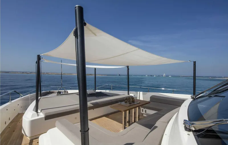  Yacht Photos Pics Luxurious 2025 Custom Line Navetta 33 yacht deck with sunshade and ocean view.