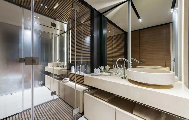  Yacht Photos Pics Luxurious bathroom interior on Custom Line Navetta 33 yacht, 2025 model, featuring modern design elements.