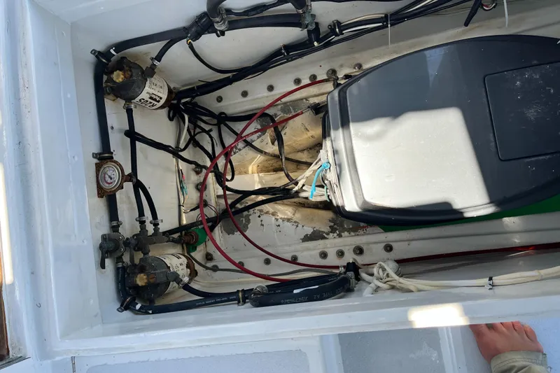 Hiolani II Yacht Photos Pics 1988 CSK Polycon engine compartment with wiring and components.