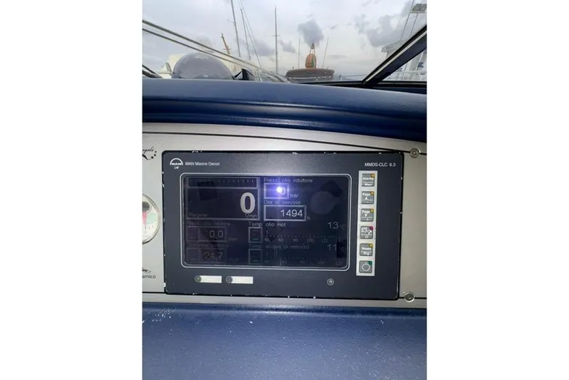  Yacht Photos Pics Control panel of a 2005 Cantieri di Sarnico 50 yacht, displaying engine data.