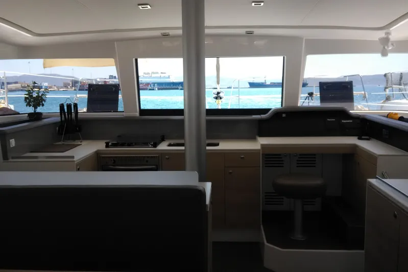 Double Kiss Yacht Photos Pics Modern kitchen interior on 2018 Bali 4.1 yacht with ocean view.