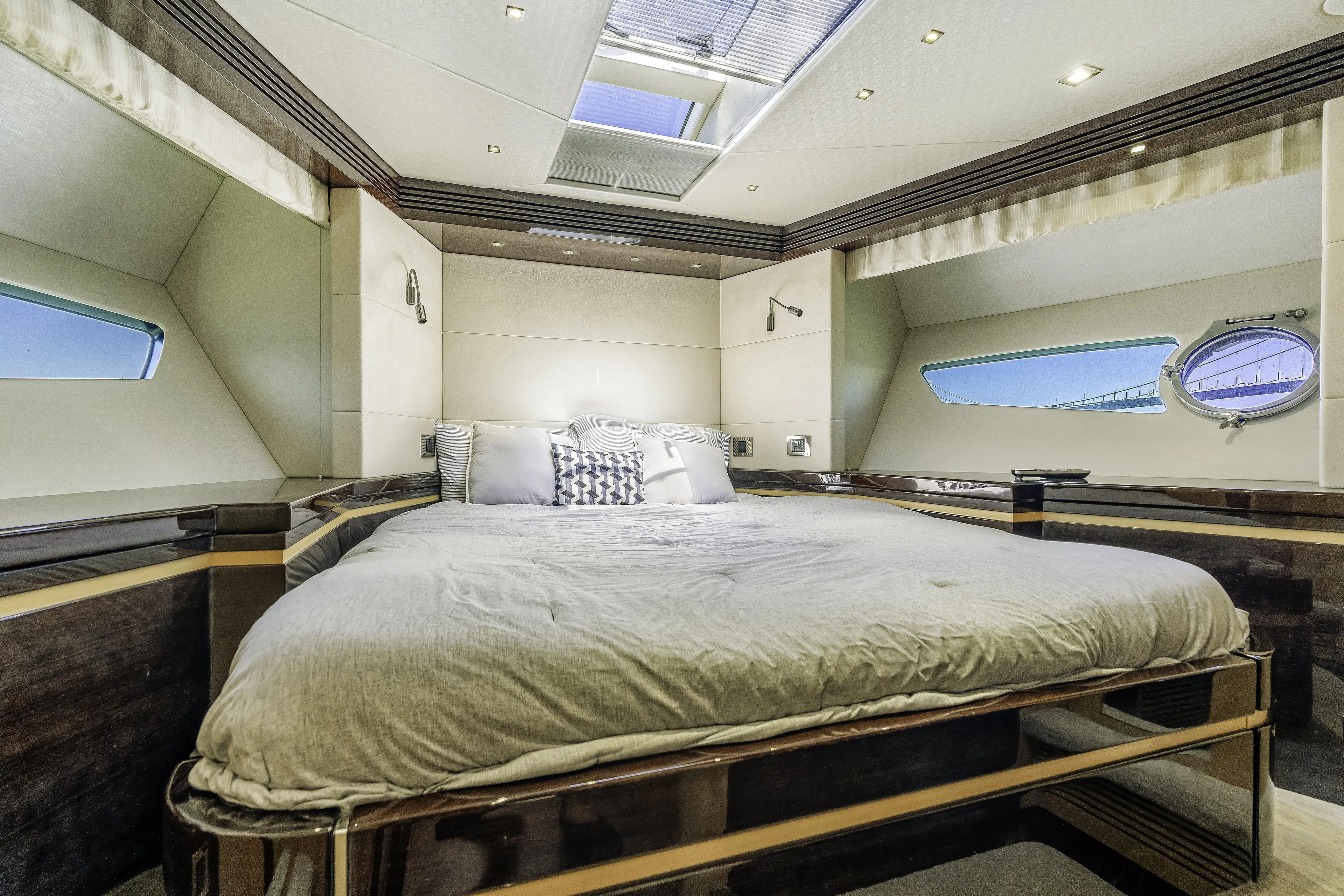  Yacht Photos Pics Luxurious bedroom interior of 2014 Sunseeker 68 Sport Yacht with skylight and modern design.