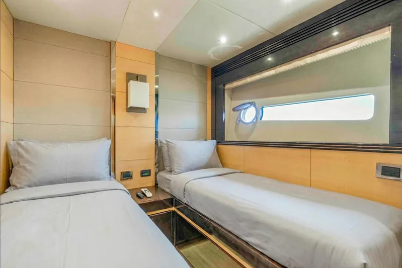  Yacht Photos Pics Luxurious twin cabin interior of 2014 Sunseeker Predator 68 yacht.