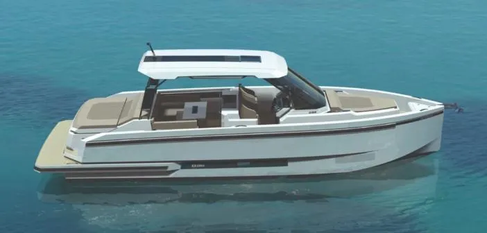  Yacht Photos Pics 2025 De Antonio Yachts D36 OPEN on clear blue water, showcasing sleek design and luxury features.