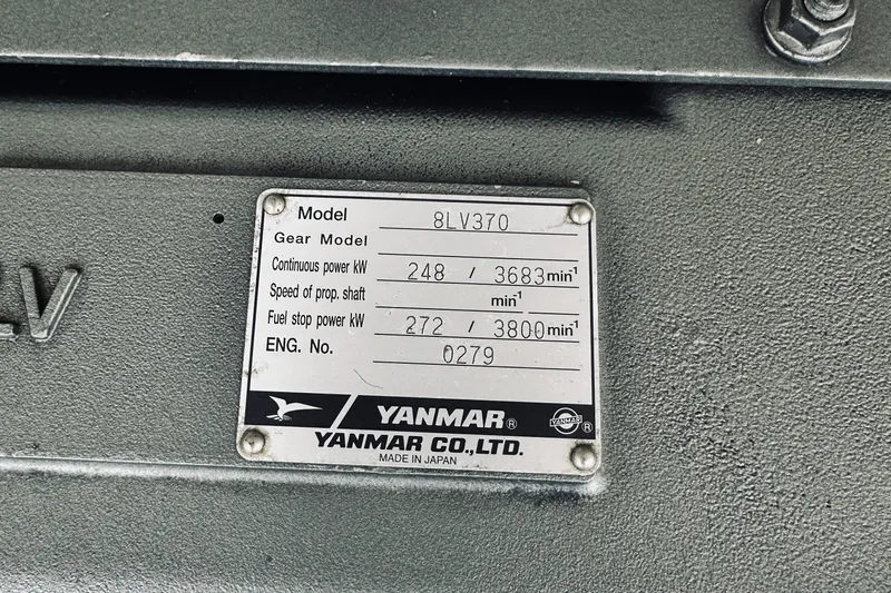 Sister's Yacht Photos Pics Yanmar engine plate on 2013 Back Cove 30, model 8LV370, showing power specifications.