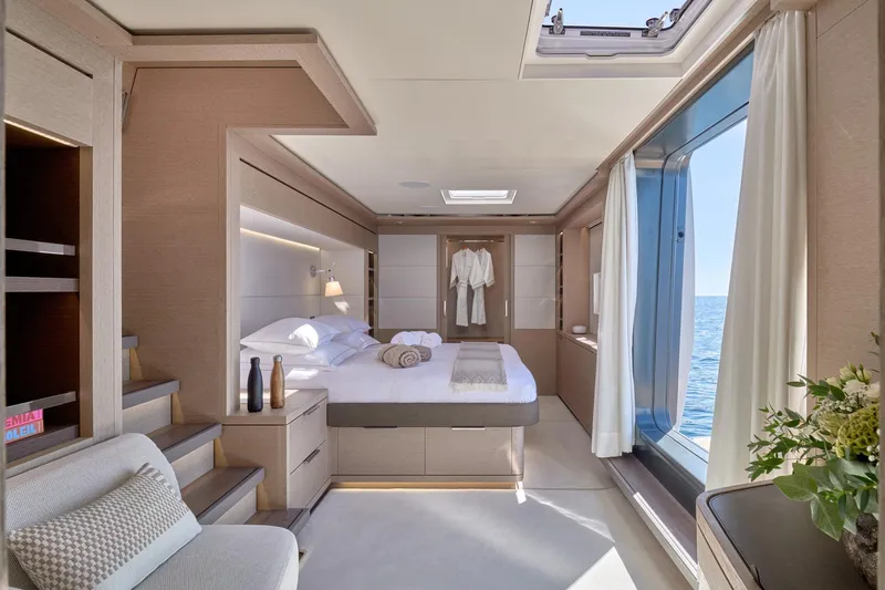  Yacht Photos Pics Luxurious interior of 2023 Lagoon Seventy 7 yacht with ocean view and elegant decor.