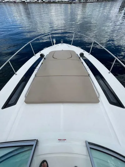 Andiamo Yacht Photos Pics 2016 Sea Ray 350 Sundancer boat with sunpad, docked on calm water.