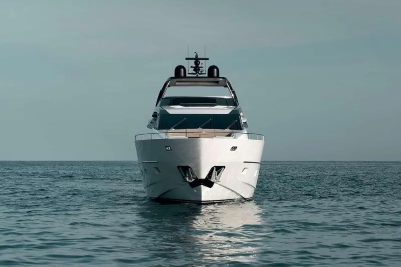  Yacht Photos Pics Front view of 2022 Sanlorenzo SL86 yacht on calm sea.