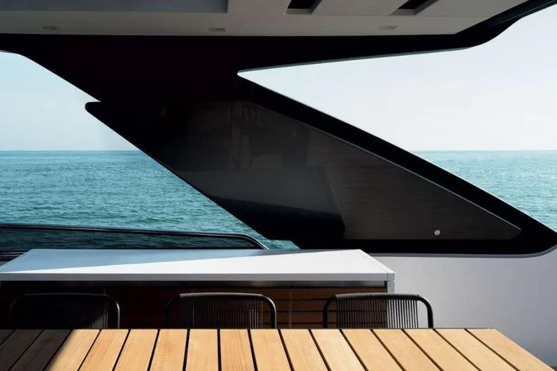  Yacht Photos Pics Sanlorenzo SL86 yacht deck with ocean view, featuring modern design and seating, 2022 model.