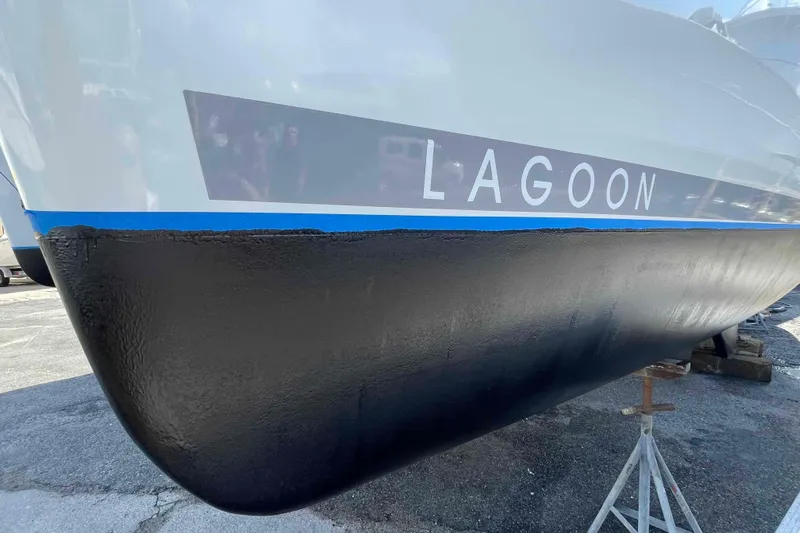Apres-sea Yacht Photos Pics Lagoon 380 S2 catamaran hull, 2012 model, on dry dock for maintenance.