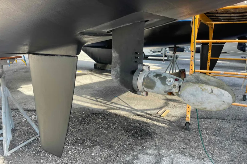 Apres-sea Yacht Photos Pics Underwater view of 2012 Lagoon 380 S2 catamaran's propeller and rudder.