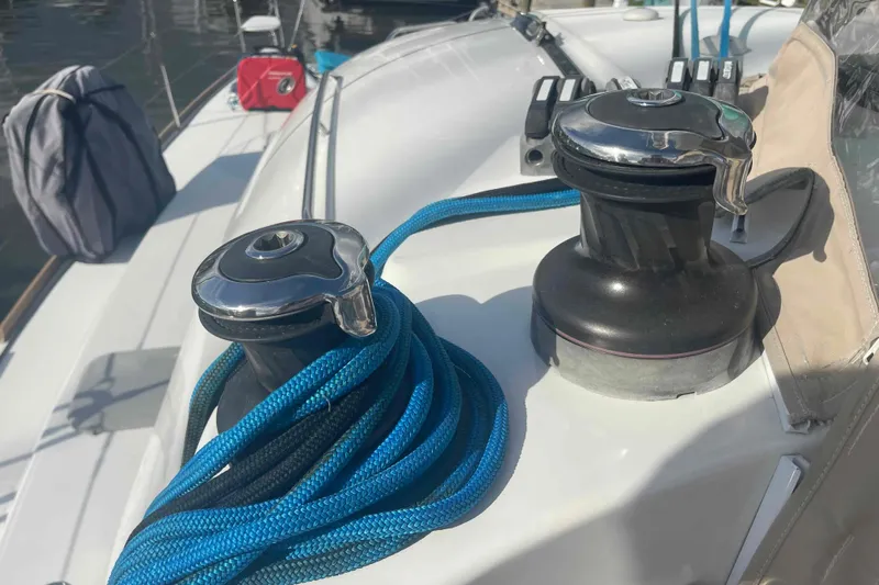 Apres-sea Yacht Photos Pics Winches and blue ropes on a 2012 Lagoon 380 S2 sailboat deck.
