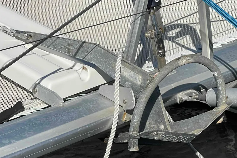 Apres-sea Yacht Photos Pics Anchor detail on 2012 Lagoon 380 S2 catamaran, featuring metal and rope components.