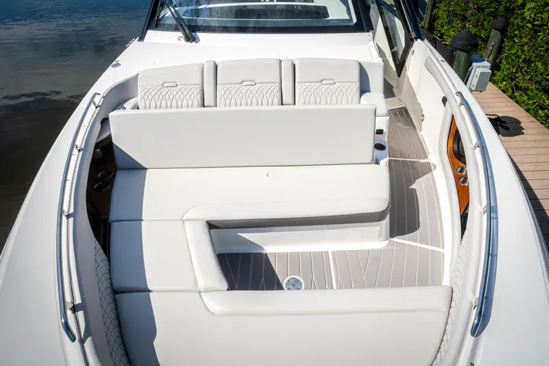  Yacht Photos Pics 2023 Sea Ray Sundancer 370 OB boat with luxurious seating and sleek design.