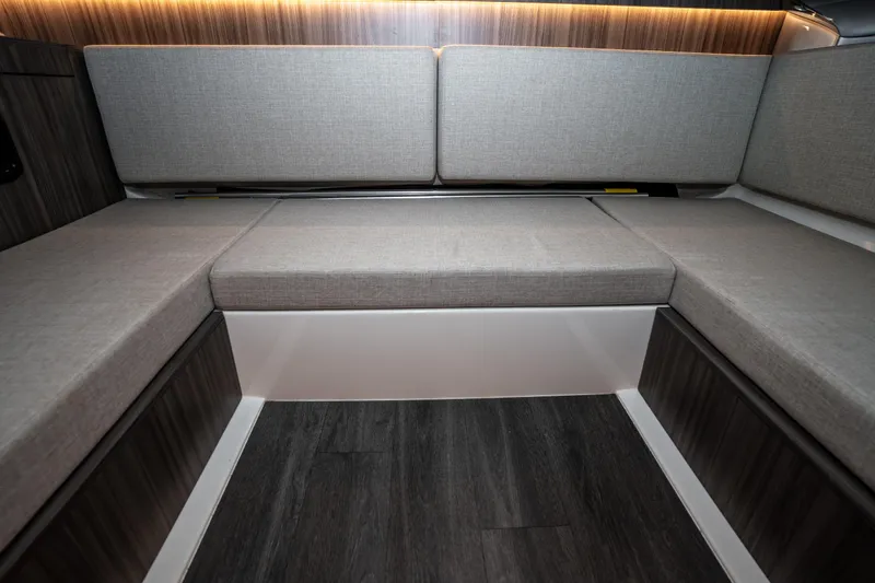  Yacht Photos Pics Interior seating area of 2023 Sea Ray Sundancer 370 OB with modern grey upholstery.