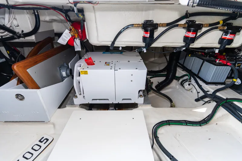  Yacht Photos Pics Engine compartment of 2023 Sea Ray Sundancer 370 OB with generator and wiring.
