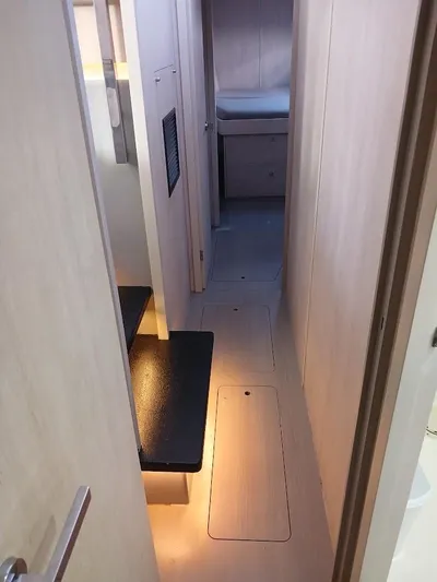 Whimsea II Yacht Photos Pics Interior hallway of 2018 Leopard 51 Powercat with modern design and ambient lighting.