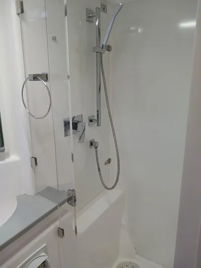 Whimsea II Yacht Photos Pics Modern shower area in 2018 Leopard 51 Powercat yacht bathroom.