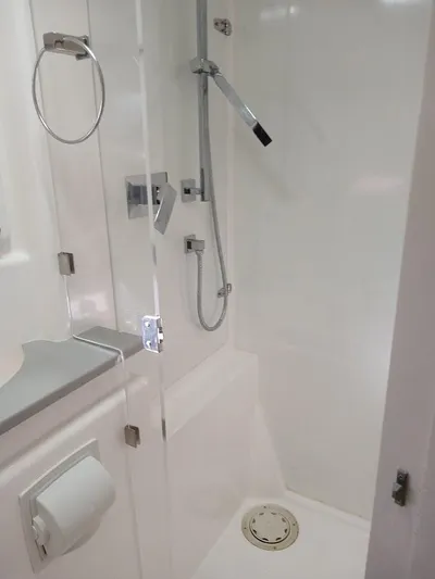 Whimsea II Yacht Photos Pics 2018 Leopard 51 Powercat bathroom with modern shower and fixtures.