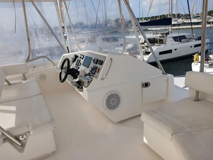 Whimsea II Yacht Photos Pics Interior view of 2018 Leopard 51 Powercat yacht helm with white seating and controls.