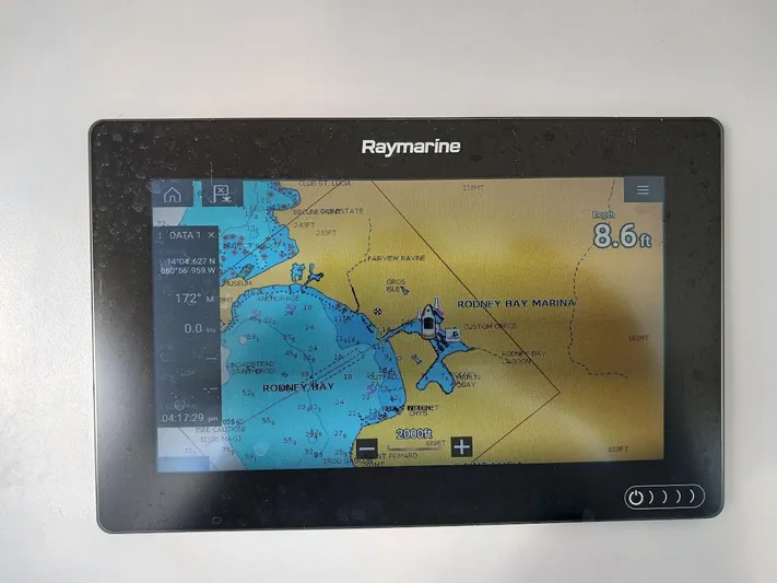 Whimsea II Yacht Photos Pics Raymarine navigation display on 2018 Leopard 51 Powercat, showing nautical chart and depth.