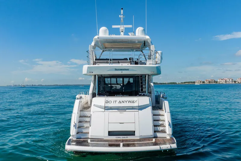 Do It Anyway Yacht Photos Pics 2018 Sunseeker 76 Yacht on open water, rear view with clear blue sky.