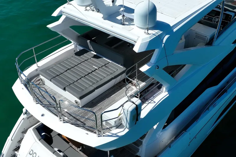Do It Anyway Yacht Photos Pics Sunseeker 76 Yacht 2018, aerial view of spacious deck and seating area.