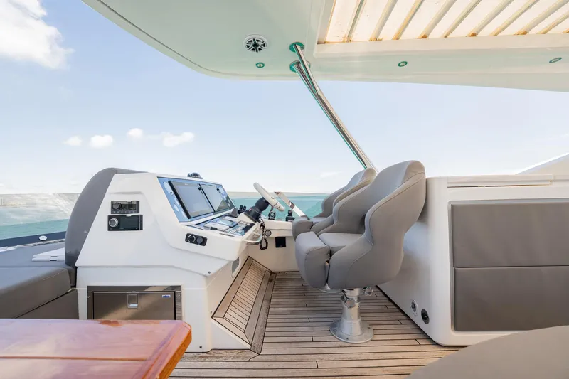 Do It Anyway Yacht Photos Pics Helm of 2018 Sunseeker 76 Yacht with modern controls and seating.