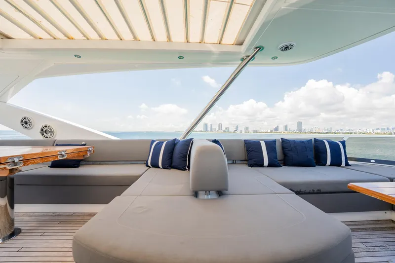 Do It Anyway Yacht Photos Pics Luxurious Sunseeker 76 Yacht 2018 with spacious deck seating and ocean view.