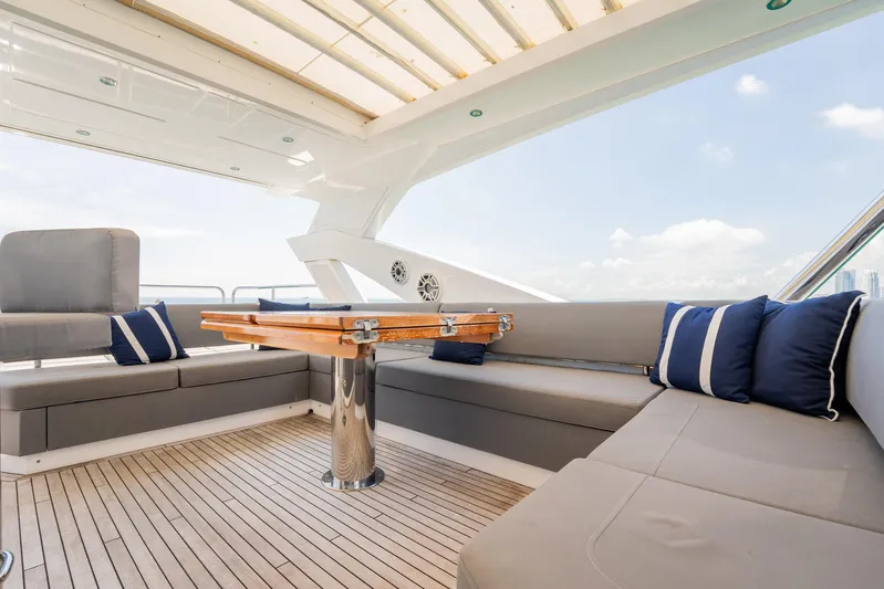 Do It Anyway Yacht Photos Pics Luxurious Sunseeker 76 Yacht 2018 interior with elegant seating and wooden table.