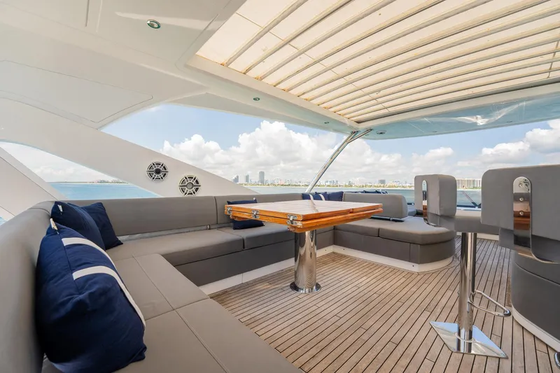 Do It Anyway Yacht Photos Pics Luxurious 2018 Sunseeker 76 Yacht deck with elegant seating and ocean view.