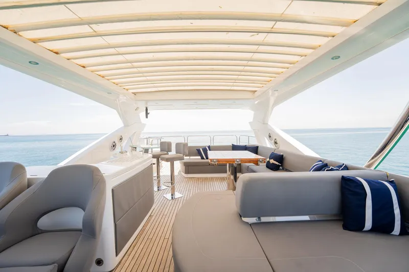 Do It Anyway Yacht Photos Pics Luxurious 2018 Sunseeker 76 Yacht deck with elegant seating and ocean view.