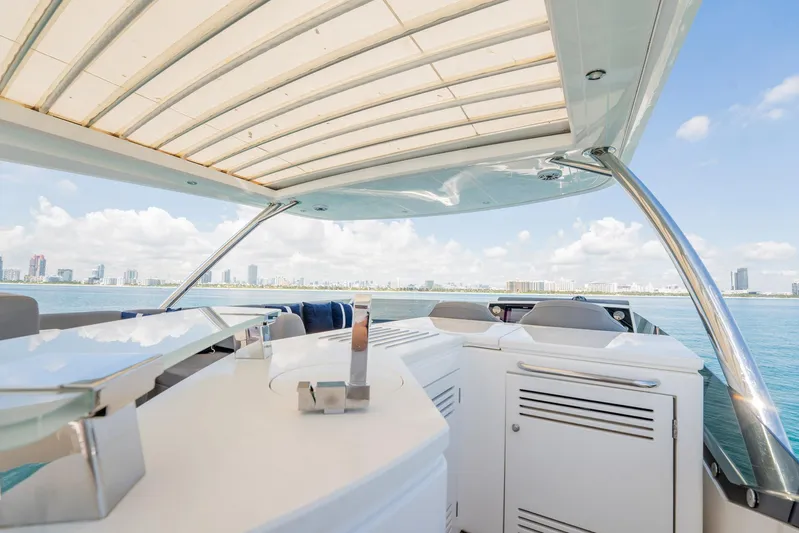 Do It Anyway Yacht Photos Pics Luxurious 2018 Sunseeker 76 Yacht deck with ocean and city skyline views.