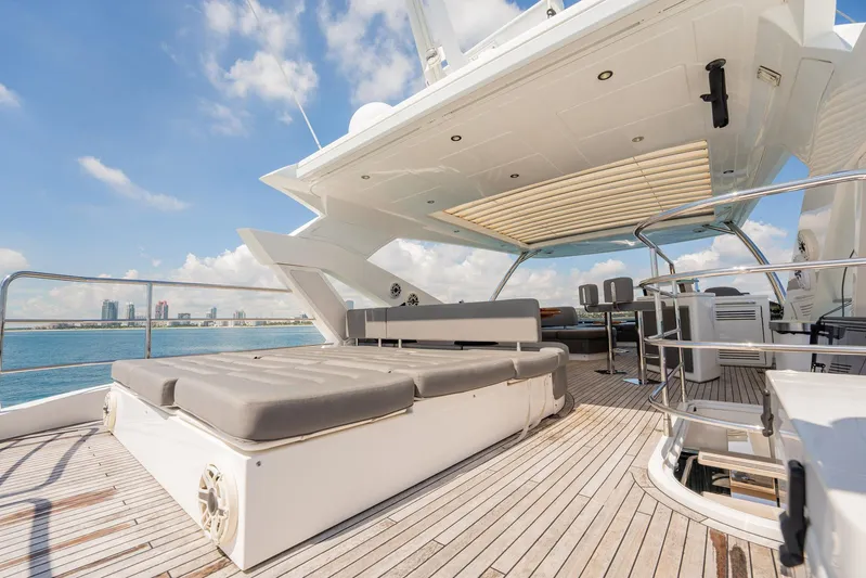 Do It Anyway Yacht Photos Pics Luxurious 2018 Sunseeker 76 Yacht deck with seating, ocean view, and clear skies.
