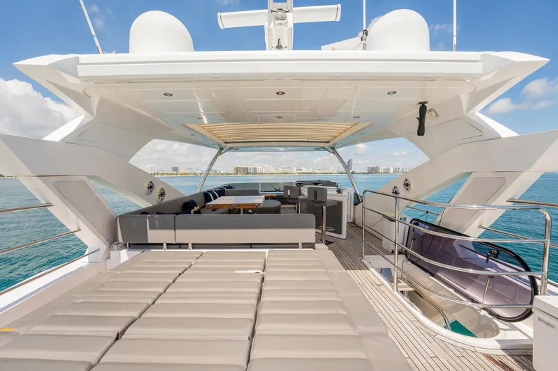 Do It Anyway Yacht Photos Pics Luxurious 2018 Sunseeker 76 Yacht deck with seating, ocean view, and modern amenities.