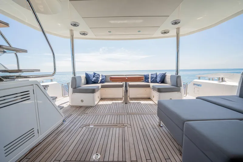 Do It Anyway Yacht Photos Pics Luxurious Sunseeker 76 Yacht 2018 with elegant deck seating and ocean view.