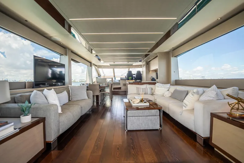 Do It Anyway Yacht Photos Pics Luxurious interior of 2018 Sunseeker 76 Yacht with elegant seating and panoramic windows.