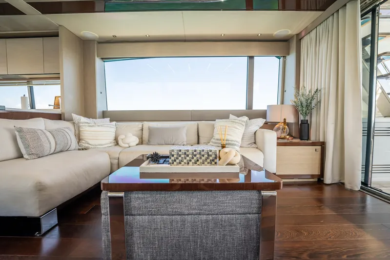 Do It Anyway Yacht Photos Pics Luxurious interior of 2018 Sunseeker 76 Yacht with elegant seating and decor.