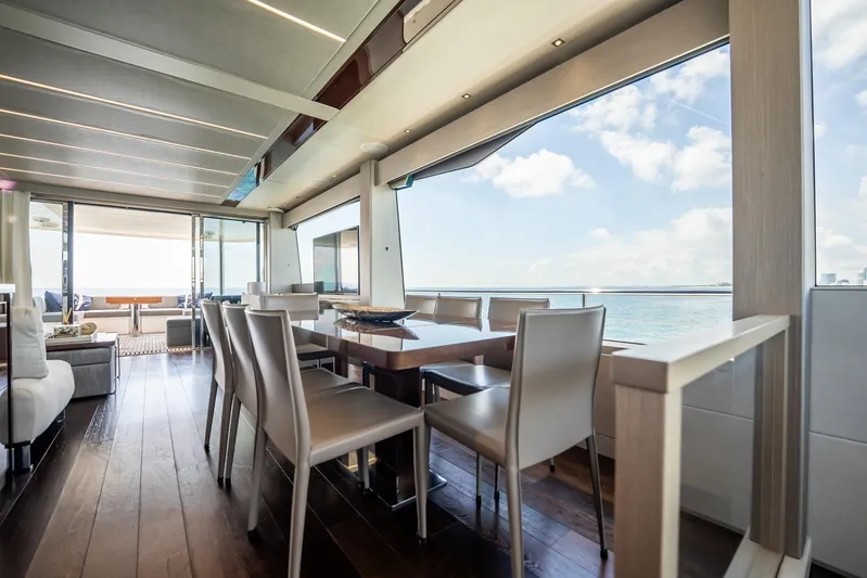 Do It Anyway Yacht Photos Pics Luxurious interior of 2018 Sunseeker 76 Yacht with ocean view and modern dining area.